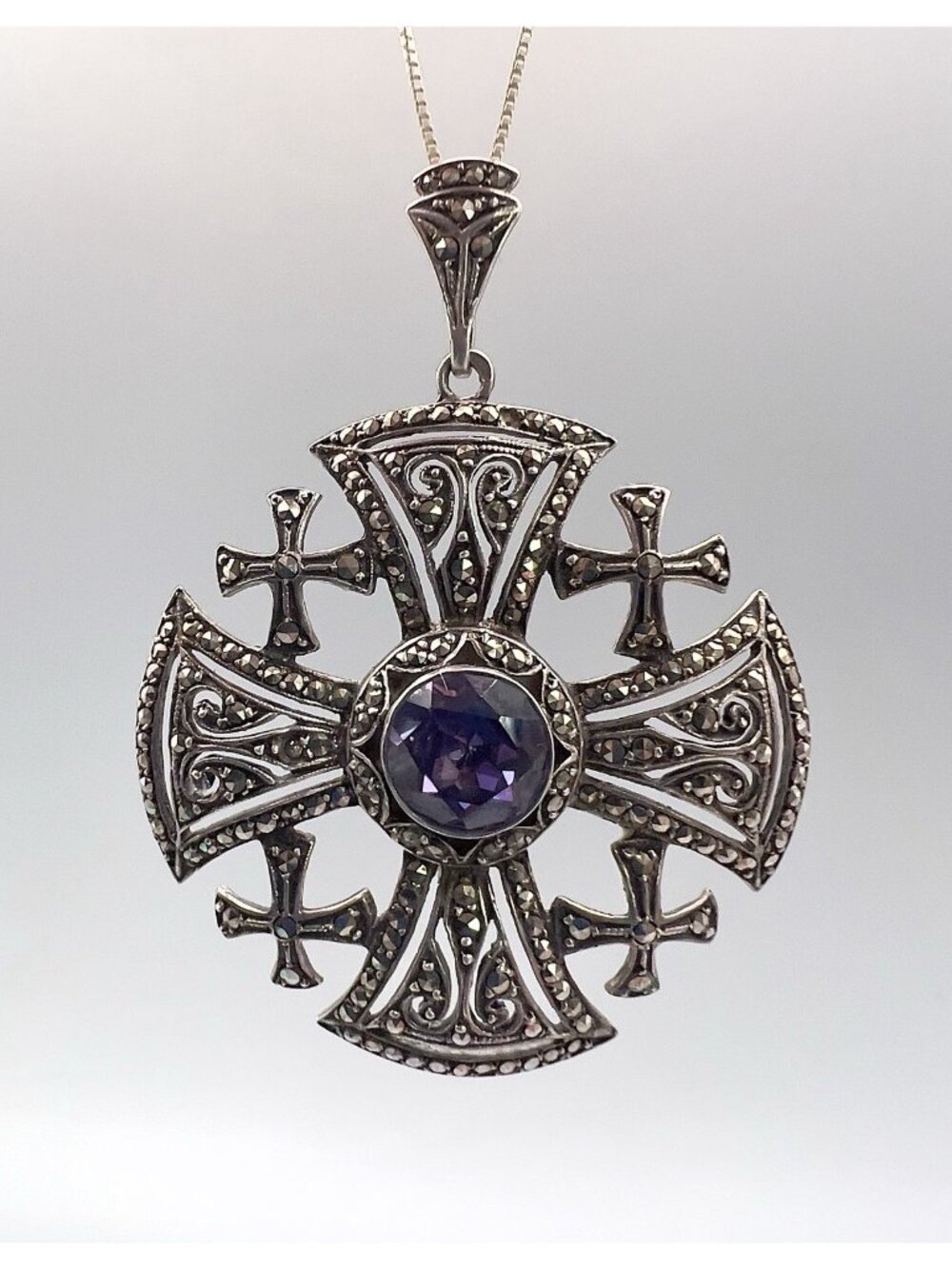 Vintage Jerusalem Cross Crusaders Silver Marcasite Purple Stone Pendant - Picture 4 of 8